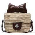 Kids woven straw crossbody bag with large brown leather bow and metal chain strap - Brown