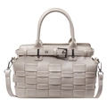 Woven creamy white bucket bag featuring leather-like texture and metallic buckle detail - Gray