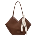 Dark brown vertical striped leather tote bag with heart-shaped opening and ribbon - Brown
