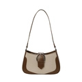 Bolso de hombro minimalista de lona y cuero con hebilla redonda de metal plateado - Marrón