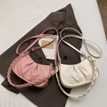 Ruched cloud underarm bag in pink and beige with woven handle and litchi texture - White