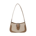 Bolso de hombro de cuero sintético marrón y lona beige con hebilla de herradura plateada - Caqui
