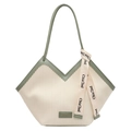 Vertical pleated tote bag with V-shaped opening in beige and morandi green finish - Green