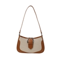 Bolso retro de piel marrón y lona beige con detalle de anillo metálico central - Marrón