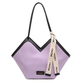 Lavender striped tote bag with V-shaped trim and black leather shoulder strap - Purple