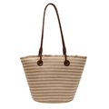 Modische gestreifte gewebte Strandtasche mit braunen Ledergriffen und Fransen für den Sommer - Khaki