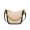 Minimalistische gewebte Handtasche mit schwarzem Besatz, Goldkette und Schultergurt - Schwarz