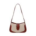 Bolso de hombro retro de lona beige con ribetes de cuero marrón rojizo en contraste - Rojo