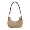 Borsa a spalla in paglia intrecciata beige con finiture in pelle marrone e dettagli oro - Marrone