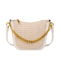 Minimalistische gewebte Umhängetasche in Haferfarbe mit goldener Kette und Textur - Weiß