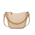 Beige gewebte Umhängetasche mit cremefarbenem Lederbesatz und einer klobigen Goldkette - Khaki