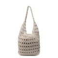 Handgefertigte beige gewebte Schultertasche aus Baumwolle mit praktischem Kordelzug - Weiß