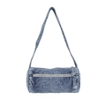 Sac cylindrique en denim bleu délavé vintage avec fermeture éclair argentée sur fond blanc - Bleu foncé
