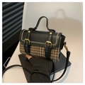 Borsa a tracolla retrò in pelle nera e plaid marrone con fibbie dorate eleganti - Nero