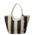 Striped straw tote bag with black and cream woven fibers and tassel charm detail - Black