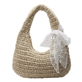 Large capacity beige woven shoulder bag with white lace bow and metal zipper detail - Beige