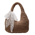 Brown woven hobo bag featuring a large white lace bow and elegant floral embroidery - Khaki