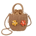 Handgefertigte Strohhandtasche mit Blumenakzenten und runden Griffen für den Sommerstil - Khaki