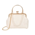 Elegante Abendtasche aus elfenbeinfarbener Spitze mit Perlengriff und Goldkette - Spitzen-Jacquard-Stil / Weiß