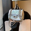 Chic laser holographic silver quilted crossbody bag with metal chain and turn-lock closure - Multicolor
