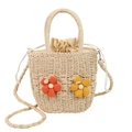Gewebte Stroh-Beuteltasche mit Blumenakzenten und Kordelzug in Beige-Optik - Cremeweiß