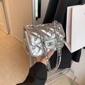 Silver metallic quilted crossbody bag with chain strap and glossy faux leather finish - Silver