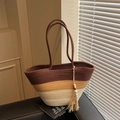 Farbverlauf Braun und Beige gewebte Stroh-Tote-Tasche mit Holzperlen-Quaste und Griffen - Braun