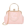 Rosa Spitzen-Abendtasche mit goldenem Perlen-Griff und eleganter Metallkette - Blumen-Spitzen-Stil / Rosa
