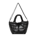 Quilted black nylon puffer tote bag with glossy finish and shoulder strap for women - Black