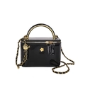 Black patent leather shoulder bag with golden camellia flower and chain strap - Black