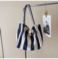 Blue and white vertical striped canvas bucket bag with wide matching shoulder strap - Wide Stripe Blue