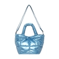 Sky blue quilted puffer tote bag with metallic glossy finish and adjustable strap - Blue