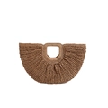 Handcrafted half-moon woven straw handbag in natural brown with integrated square handle - Khaki