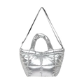 Metallic silver quilted down puffer handbag with top handles and adjustable shoulder strap - Silver
