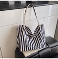 Blue and white striped canvas bucket tote bag with large capacity and double handles - Fine Blue Stripe