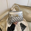 Silver quilted leather handbag with gold twist lock and crossbody strap for women - Silver