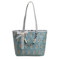 Green woven tote bag with geometric pattern, lace bow, and long shoulder straps - Blue
