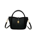 Classic black litchi grain leather bucket bag with gold square buckle and strap - Black