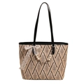 Chic geometric woven tote bag with black leather straps and pearl bow charm - Black