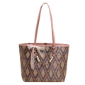 Colorful woven tote bag with pink leather straps, lace bow, and pearl chain detail - Pink