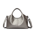 Metallic grey large tote bag with decorative vertical stitching and crossbody strap - Silver