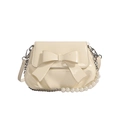 Creamy beige patent leather crossbody bag with oversized bow and pearl chain strap - White