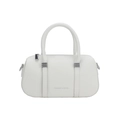 White minimalist pebble leather Boston bag with silver hardware and fashion lettering - White