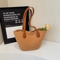 Grande borsa tote intrecciata a righe con manici in pelle marrone e decoro di tulipani - Cachi