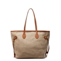 Große beige geflochtene Strohtasche mit braunen Ledergriffen für den Sommerurlaub - Braun