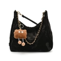 Retro black matte tote bag with gold chain strap and cute plush charm on white background - Black Large