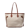 Minimalistische beige gewebte Tragetasche mit braunen Ledergriffen und Kordelzugdetails - Dunkelbraun