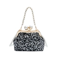 Elegante borsa da sera nera con paillettes argento e manico in perle finte - Nero