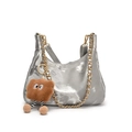 Sac demi-lune argenté métallisé avec chaîne dorée et petit charm en peluche brun - Argent Petit