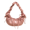 Schicke rosa glänzende Schultertasche mit Falten, Schleifen und Cloud-Griff - Rosa